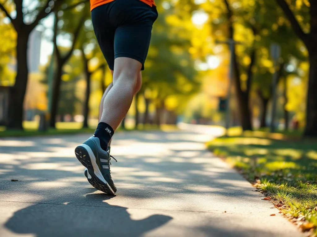 Wysportowany mężczyzna w sportowym obuwiu spaceruje szybkim krokiem po parkowej alejce w słoneczny dzień.