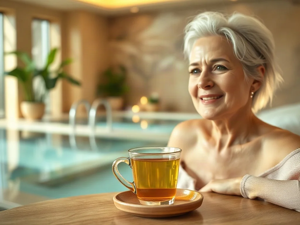 Starsza kobieta relaksuje się przy herbacie w nowoczesnym spa w Busku-Zdroju, korzystając z oferty uzdrowiskowej.
