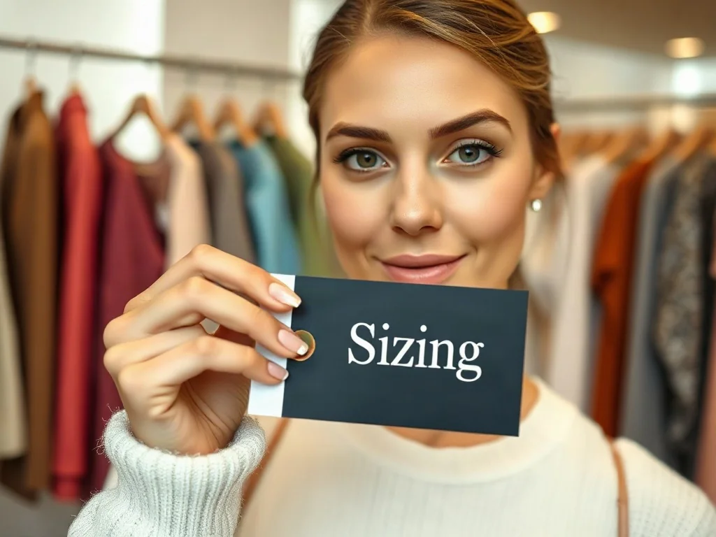 Kobieta trzymająca metkę z rozmiarem odzieży na tle eleganckiego butiku.