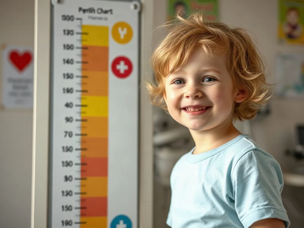 Uśmiechnięte dziecko przy kolorowej miarce wzrostu w gabinecie pediatrycznym.